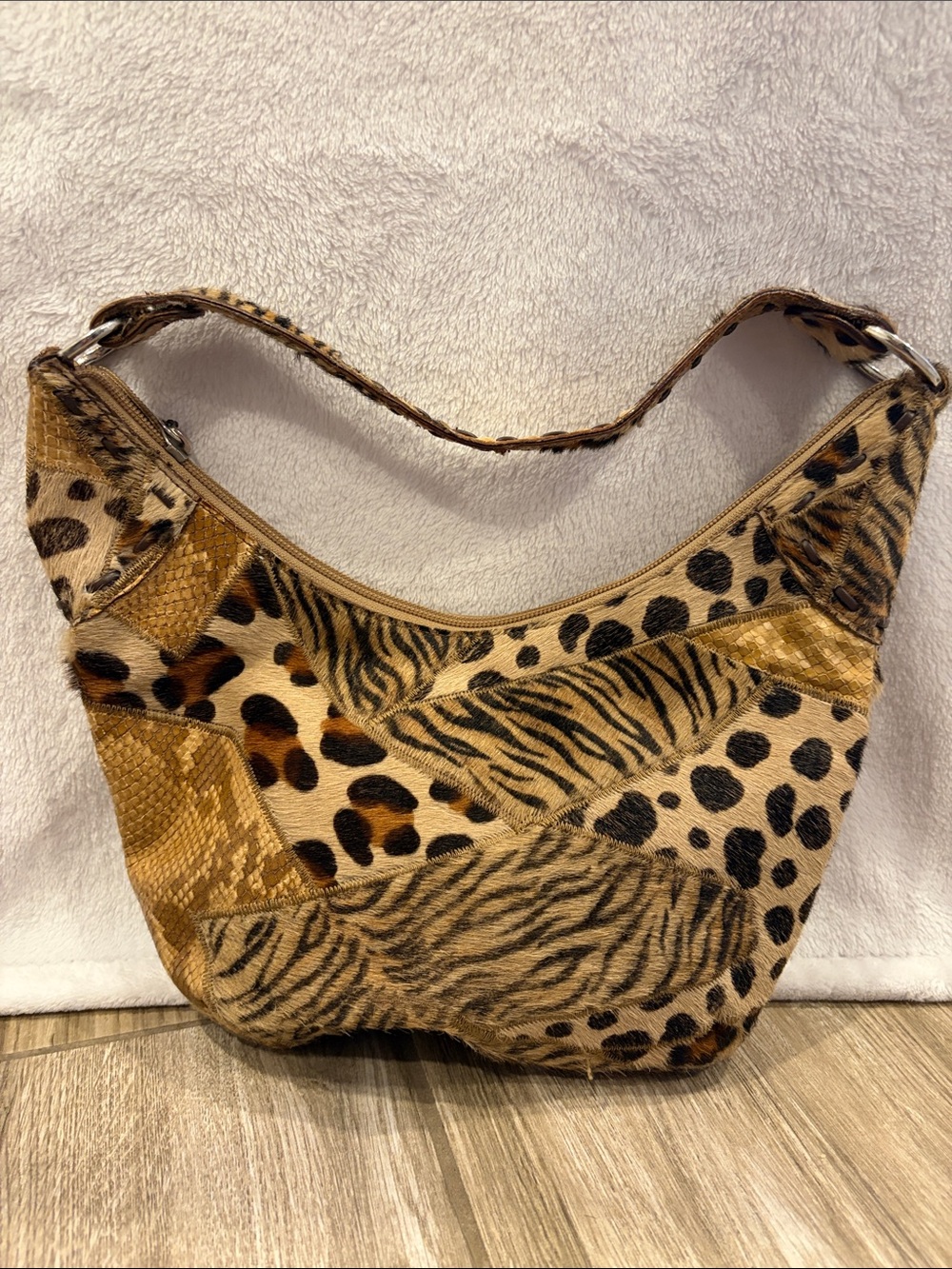 Paola del Lungo Vintage Patchwork Animal Print Shoulder Bag